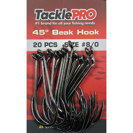 TacklePro 45deg. Beak Hook #8/0 pack of 20, designed for superior penetration and holding power for saltwater fishing.