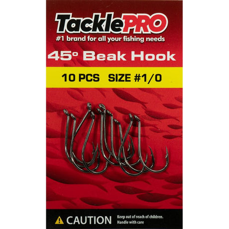 TacklePro 45deg. Beak Hook #1/0 - 10pc pack designed for anglers, featuring durable, corrosion-resistant hooks for effective fishing.