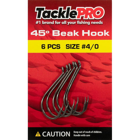 TacklePro 45° Beak Hook #4/0, 6-pack for strong penetration and bait presentation, ideal for snapper and kingfish fishing.