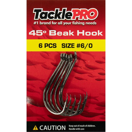 TacklePro 45deg. Beak Hook #6/0, 6-pack, designed for durability and precision in fishing, ideal for large fish species.