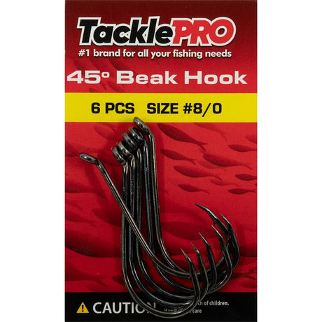 TacklePro 45° Beak Hooks #8/0, 6 durable, rust-resistant hooks for saltwater fishing, perfect for targeting big game fish.