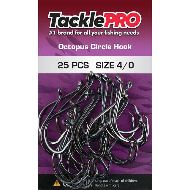 TacklePro Octopus Circle Hook 4/0 set of 25, designed for durability and precision in freshwater and saltwater fishing.