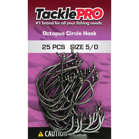 TacklePro Octopus Circle Hook 5/0 in a pack of 25, designed for effective catch-and-release fishing with sharp, strong hooks.