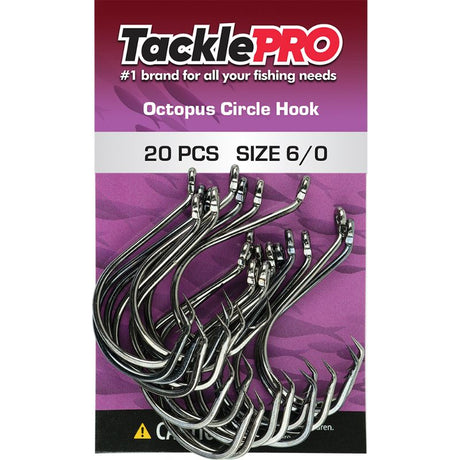 Image of TacklePro Octopus Circle Hooks 6/0, 20 durable, corrosion-resistant hooks designed for effective saltwater fishing.