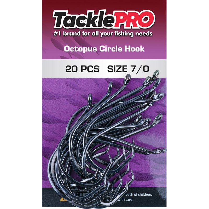 TacklePro 7/0 octopus circle hooks, 20-pack, designed for efficient catch and release with strong, durable construction.