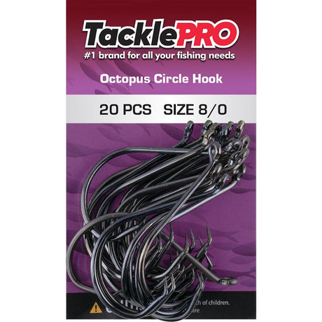 TacklePro Octopus Circle Hooks 8/0 in a 20-pack, designed for strong and effective fishing, suitable for large species.