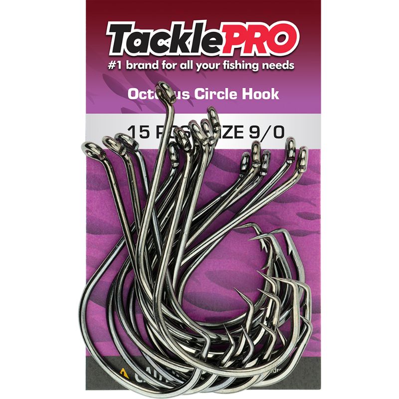 TacklePro Octopus Circle Hook 9/0 in a 15-piece pack, designed for effective fishing with eco-friendly catch-and-release features.