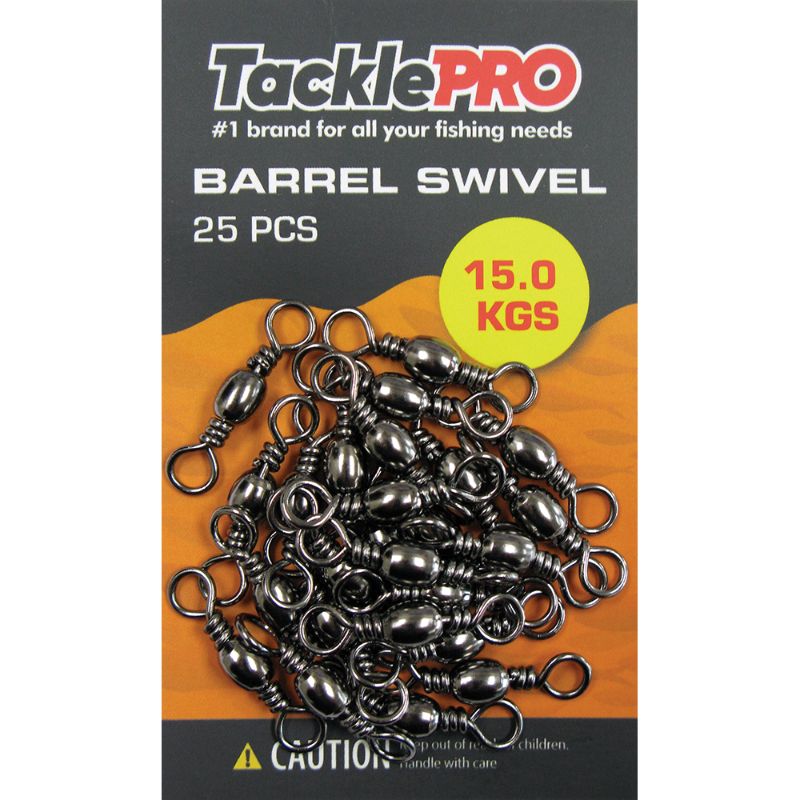 TacklePro Barrel Swivel 15.0kg in a 25-piece pack, designed to reduce line twist for reliable fishing performance.