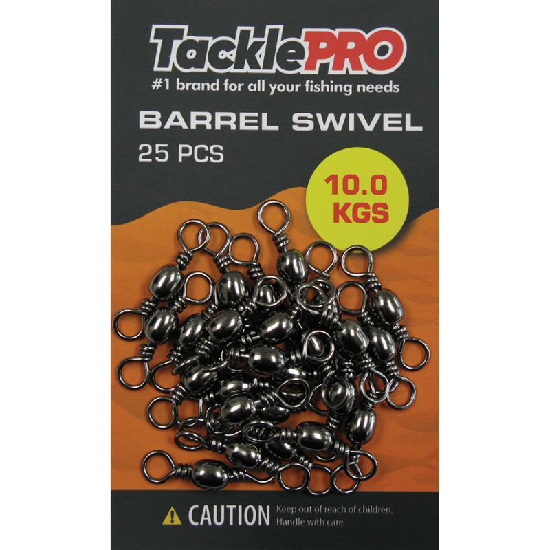 TacklePro Barrel Swivel pack of 25, 10.0kg strength, ideal for reducing line twist in fishing. Perfect for all anglers.