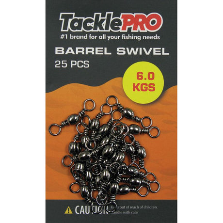 TacklePro Barrel Swivel pack of 25, 6.0kg capacity, corrosion-resistant, ideal for freshwater and saltwater fishing.