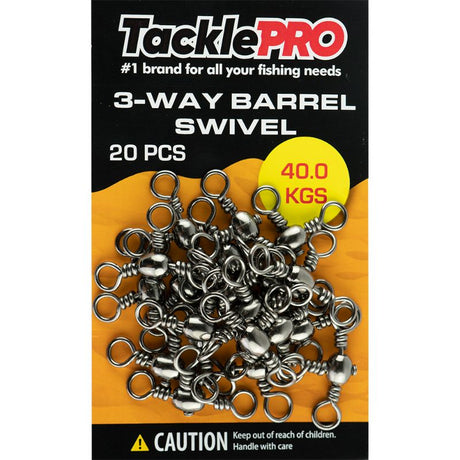 TacklePro 3 Way Barrel Swivel pack of 20, 40.0kg capacity, corrosion-resistant design for reliable fishing performance.