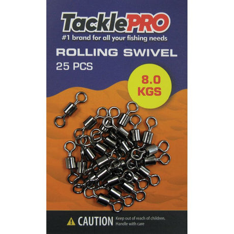 TacklePro Rolling Swivel 8.0kg pack of 25, designed for smooth line movement and reducing twist for better fishing.