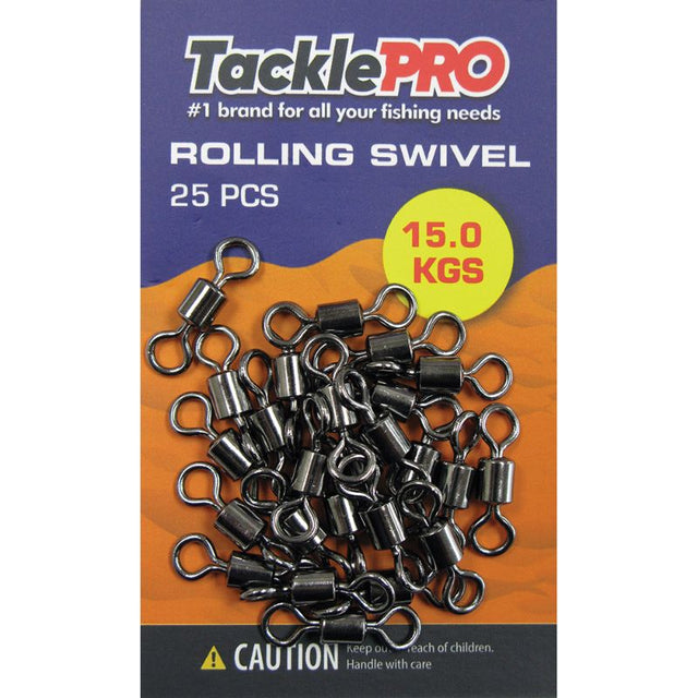 TacklePro Rolling Swivel 25pc, 15.0kg capacity, durable for freshwater/saltwater fishing, ensures tangle-free lines.