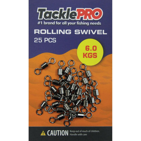 TacklePro Rolling Swivel pack of 25, 6.0kg capacity, corrosion-resistant for tangle-free fishing in freshwater and saltwater.