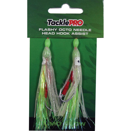 TacklePro Flashy Octopus Assist Hooks in Lumo Glow, 3 inches, pack of 2, ideal for enhanced fishing success.