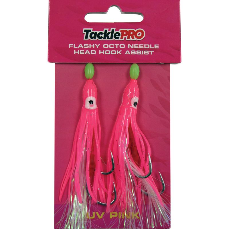 UV Pink TacklePro Flashy Octopus Assist Hook, 3-inch, 2-piece, enhances fishing with Inchiku and Kabura lures for better catches.