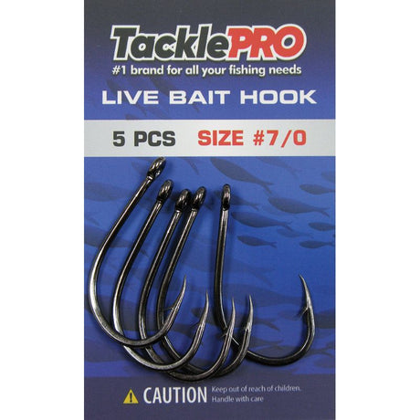 TacklePro Live Bait Hook #7/0 in a 5pc pack, strong, corrosion-resistant, ideal for serious anglers targeting trophy fish.