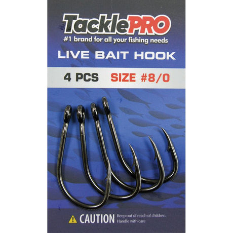 TacklePro Live Bait Hook #8/0, 4-piece pack for anglers, ideal for larger fish in freshwater or saltwater fishing.