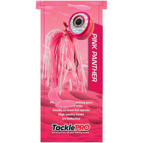 TacklePro Kabura Lure 140gm in Pink Panther color, featuring curly tail, dual-color skirt, and two high-quality hooks for fishing.