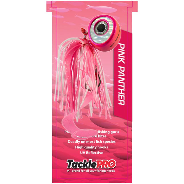 TacklePro Kabura Lure 40gm in Pink Panther color with curly tail design, UV reflective finish, and high-quality hooks.