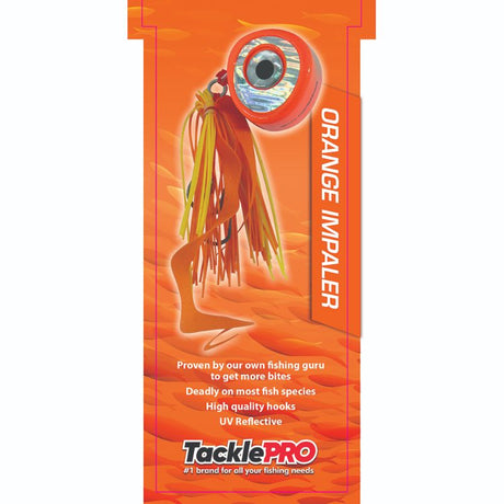 Vibrant orange 140g TacklePro Kabura lure with curly tail, two-color skirt, and UV reflective features for deep sea fishing.