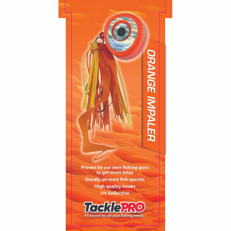 TacklePro Kabura Lure 200gm in vibrant orange, featuring a curly tail and UV reflectivity for deep-sea fishing success.