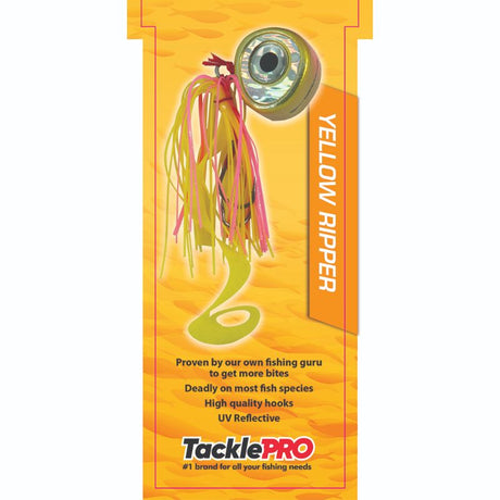 TacklePro Kabura Lure 140gm in vibrant yellow with a curly tail and two premium hooks, perfect for deep-sea fishing.