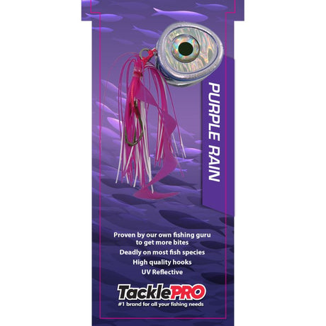 TacklePro Kabura Lure 40gm in Purple Rain, featuring a curly tail, dual-color skirt, and UV reflective elements for effective fishing.