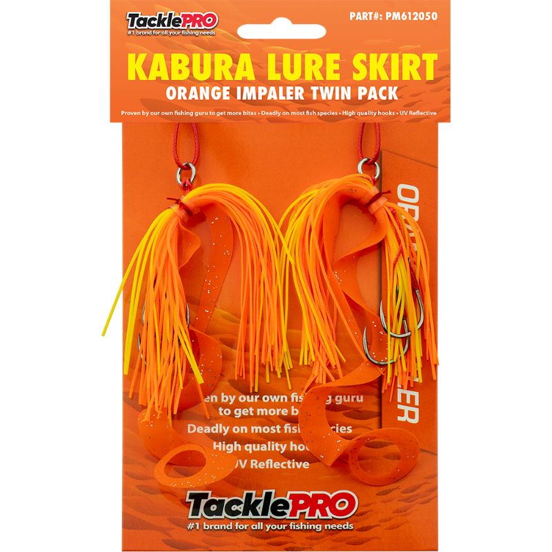 Vibrant orange kabura lure skirts in a twin pack, designed for optimal fish attraction and natural movement in water.