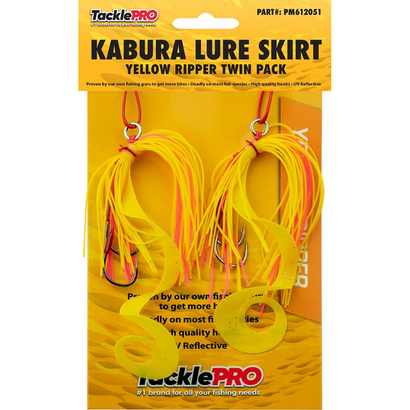 TacklePro Yellow Ripper Kabura Lure Skirt twin pack, featuring vibrant yellow design and durable octopus hooks for effective fishing.