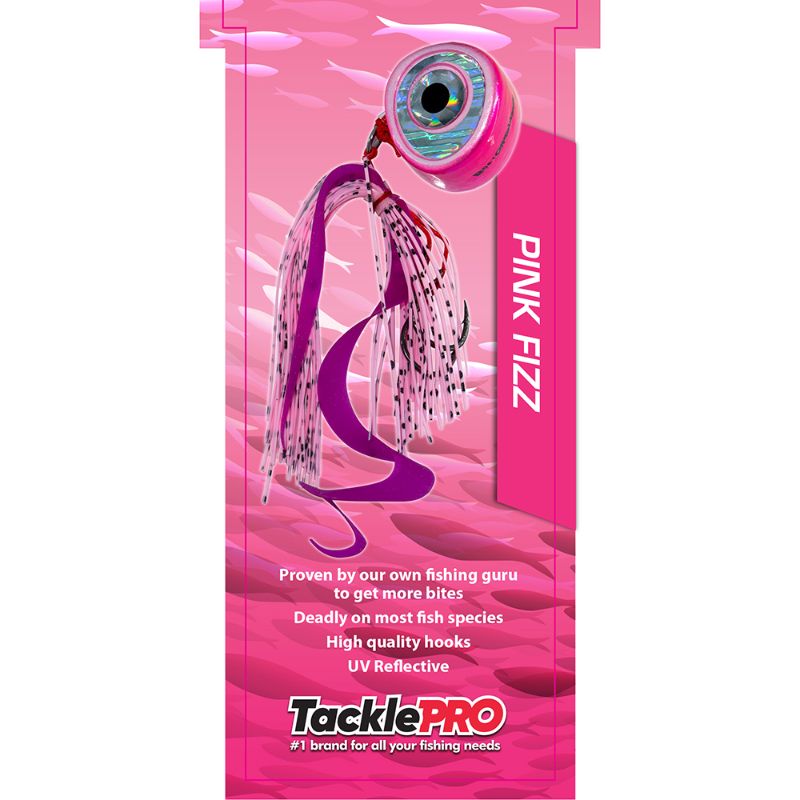 Vibrant Pink Fizz TacklePro Kabura Lure 140gm with Curly Tail and UV reflective skirt, designed for attracting various fish species.