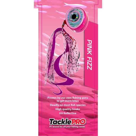 TacklePro Kabura Lure 60gm in Pink Fizz, featuring a curly tail, vibrant skirt, and two hooks for attracting various fish species.