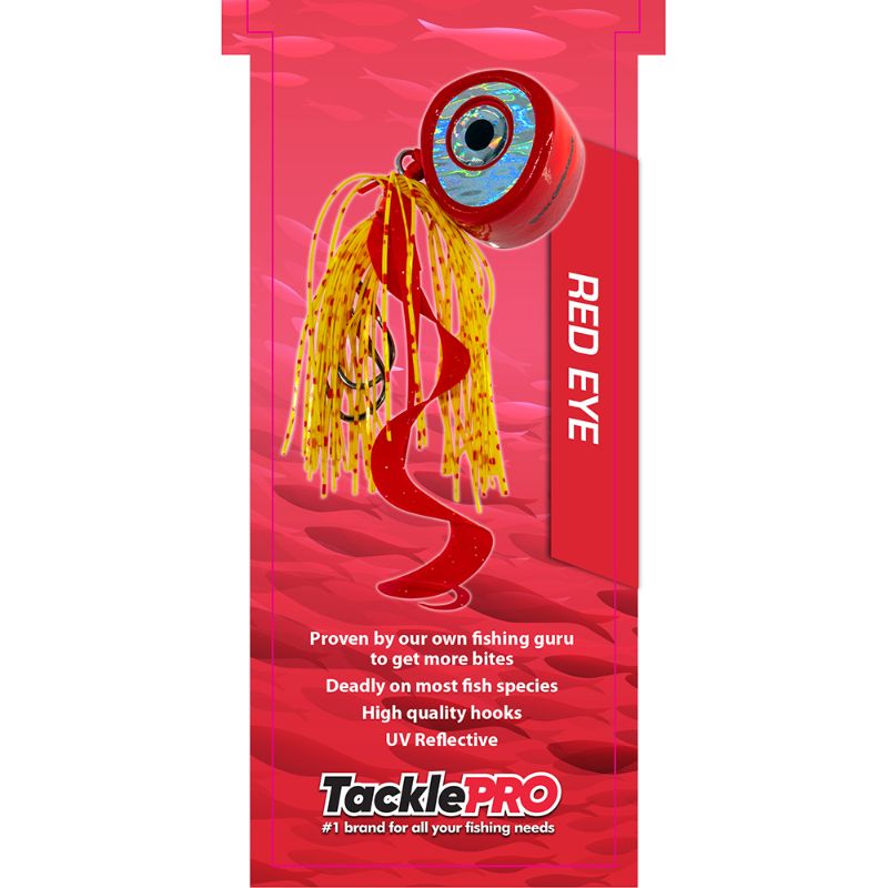 TacklePro Kabura Lure 140gm in Red Eye features a curly tail and two-color skirt, ideal for attracting a variety of fish species.