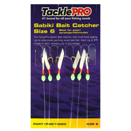 TacklePro Sabiki Bait Catcher Size 6, featuring multi-hook rig and sharp hooks, perfect for catching small bait fish.