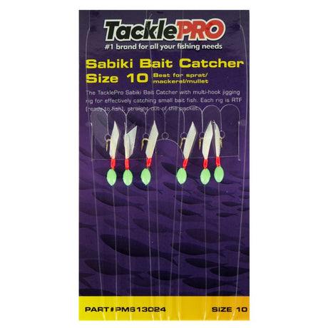 TacklePro Sabiki Bait Catcher Size 10 with multi-hook rig for catching small bait fish like sprat, mackerel, and mullet.