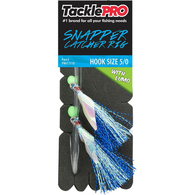 Vibrant blue TacklePro Snapper Catcher rig with 20% lumo, 5/0 hook, and 40lb trace capacity for effective snapper fishing.