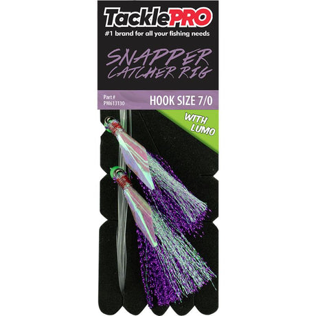 TacklePro Snapper Catcher in purple and luminescent lumo, featuring a 7/0 hook and 40lb trace capacity for deep-sea fishing.