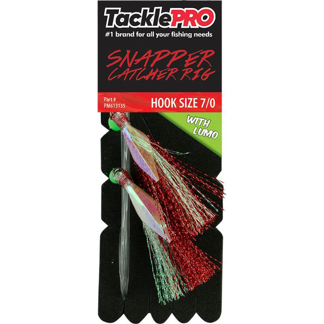 Vibrant red TacklePro Snapper Catcher rig with luminescence and durable 7/0 hook, ideal for effective snapper fishing.