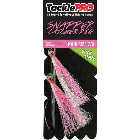 Vibrant pink TacklePro Snapper Catcher rig with 20% Lumo, 7/0 hook, 40lb trace capacity for successful snapper fishing.