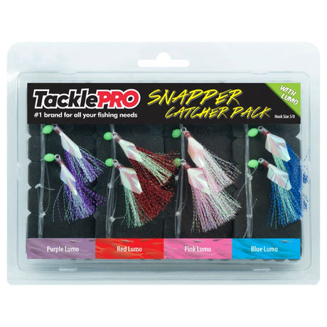 TacklePro Snapper Catcher Four Pack with vibrant Lumo rigs, 5/0 hooks, and 40lb trace capacity for deep-sea snapper fishing.