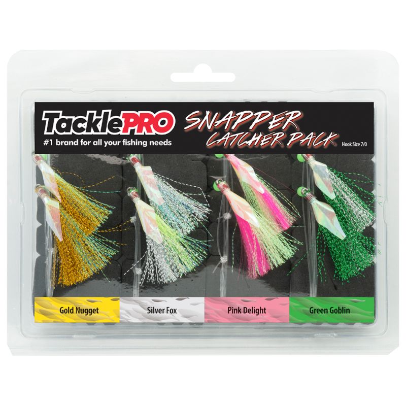 TacklePro Snapper Catcher Four Pack - 7/0 with robust hooks in Gold, Silver, Pink, and Green for successful snapper fishing.