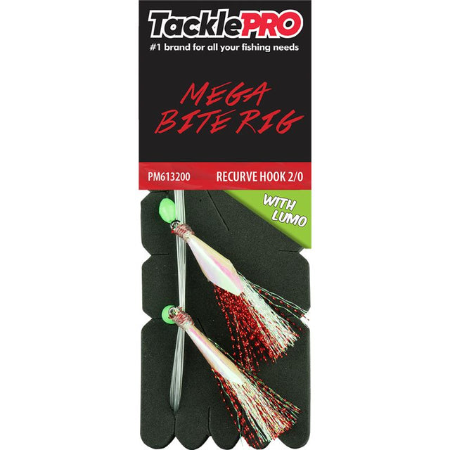 TacklePro Mega Bite Rig in red with 20% luminescence, featuring a strong 2/0 recurve hook for effective fishing.