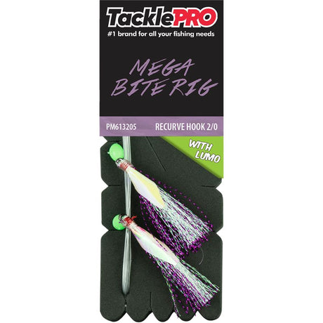 TacklePro Mega Bite Rig in purple and lumo, featuring a 2/0 recurve hook and 40lb trace capacity for efficient fishing.