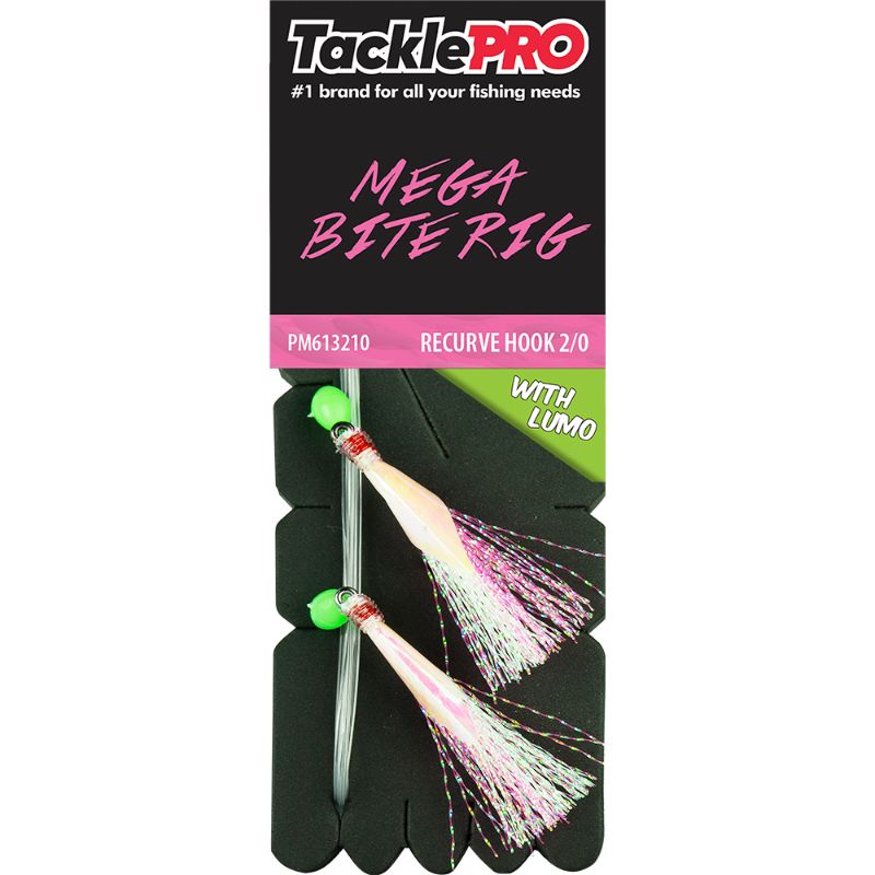 TacklePro Mega Bite Rig in Pink & Lumo with 2/0 recurve hook, designed for big fish and 40lb trace capacity.