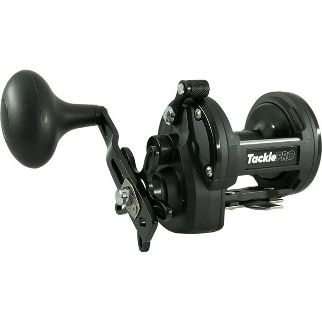 High-speed TacklePro XM20 overhead reel with stainless steel gears, smooth drag, and 350m line capacity for effective fishing.