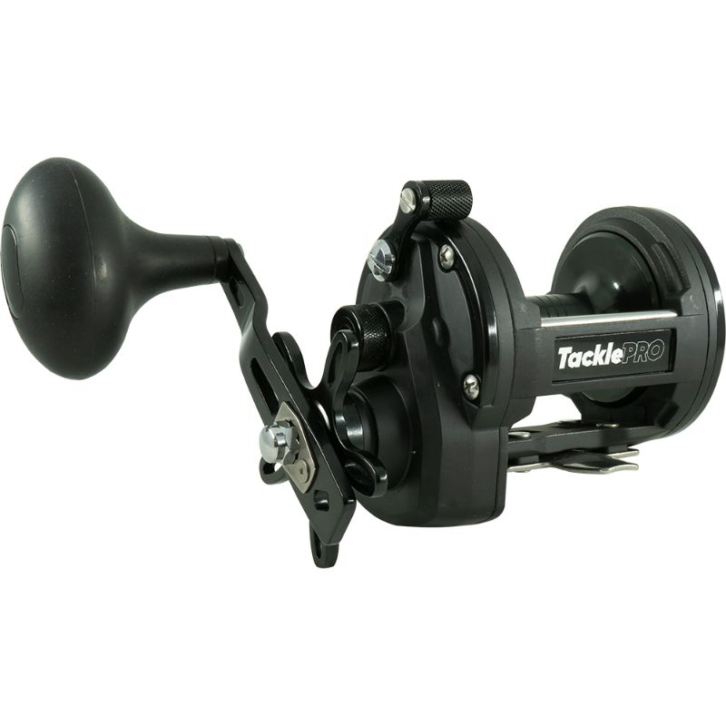 High-performance TacklePro XM30 overhead reel featuring 7.1:1 gear ratio, stainless steel gears, and 15kg drag capacity.