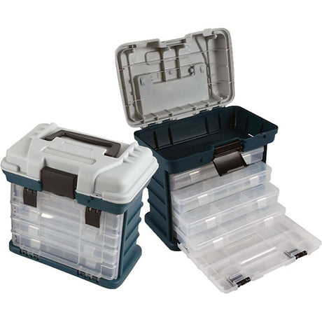 Durable TacklePro Four Tray Tackle Box with four removable drawers, ideal for organizing fishing gear efficiently.