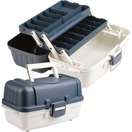 Durable TacklePro two-tray tackle box with ample storage for fishing gear, featuring a fold-out design for easy access.