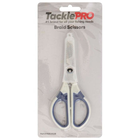 TacklePro Braid Scissors 130mm with stainless steel blades, ergonomic grips, and a protective sheath for precise fishing line cuts.