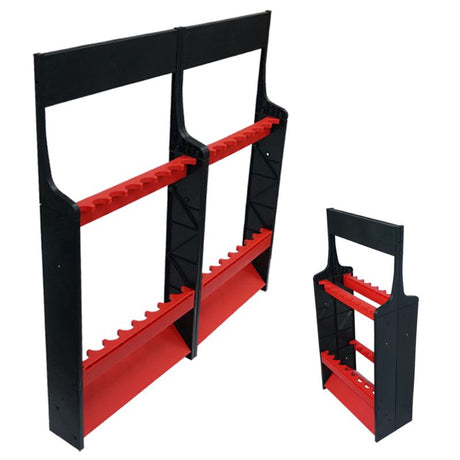 ProMarine Expandable Rod Rack in red, holding up to 16 rods, designed for versatile storage and easy assembly.